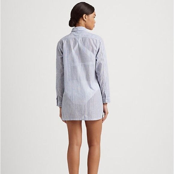 LAUREN Ralph Camp Shirt swim cover up Striped Cotton Button Down Top Blue MD - Picture 6 of 14